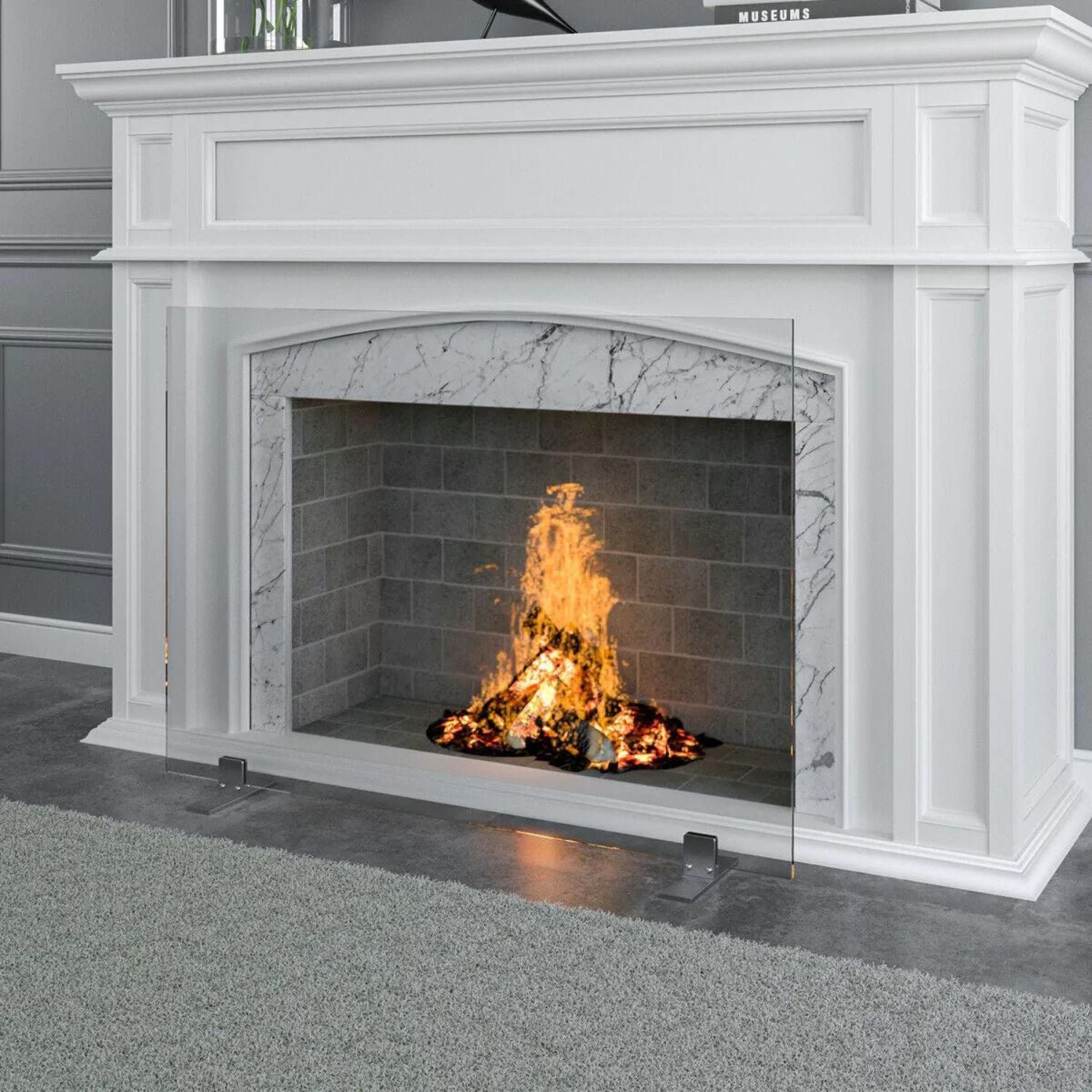 Decorative And Modern Glass Fireplace Cover Screen With Silver Feet