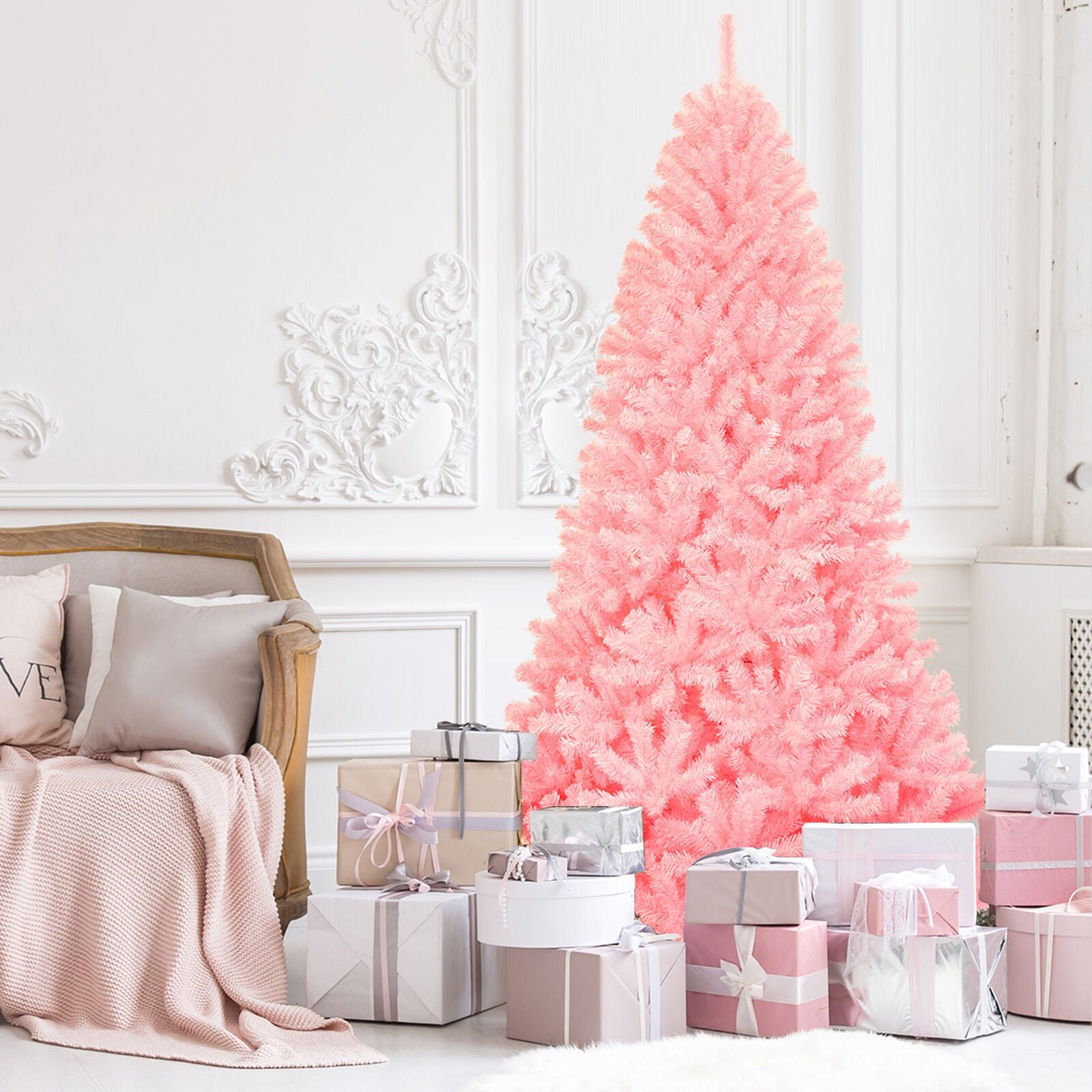 7.5ft Pink Artificial Christmas Tree Hinged Spruce Full Tree - Best White Pencil Christmas Tree
