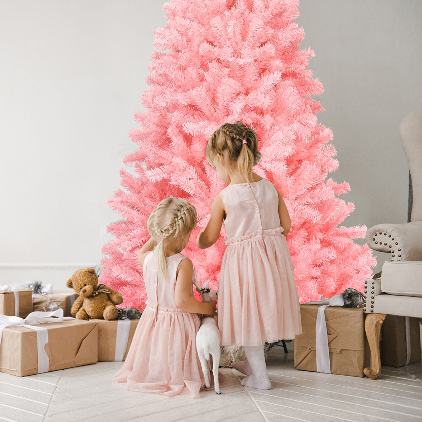 7.5ft Pink Artificial Christmas Tree Hinged Spruce Full Tree - Best White Pencil Christmas Tree - Image 4