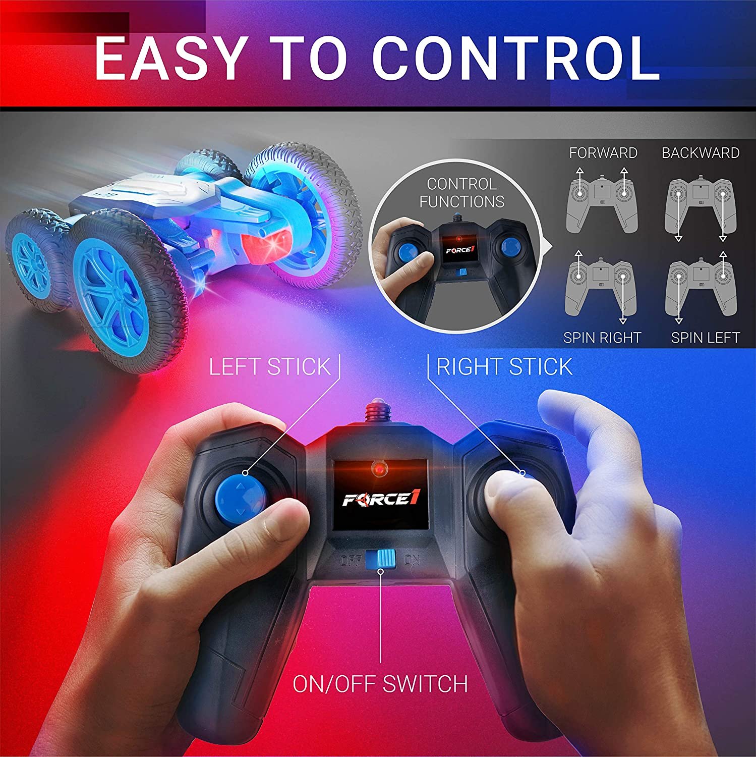 Lightning Fast Tornado RC Car for Kids: 360 Flips, All-Terrain Tires, LEDs, and Easy Remote Control - Image 3